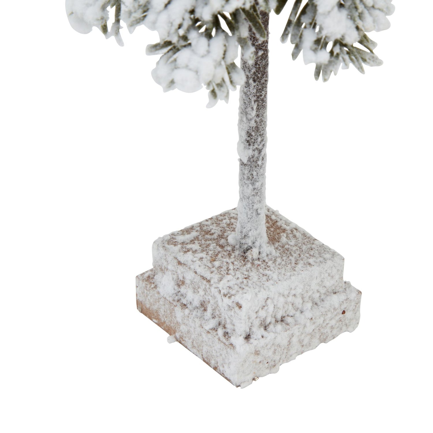 Small Snowy Cedar Tree On Wood Block